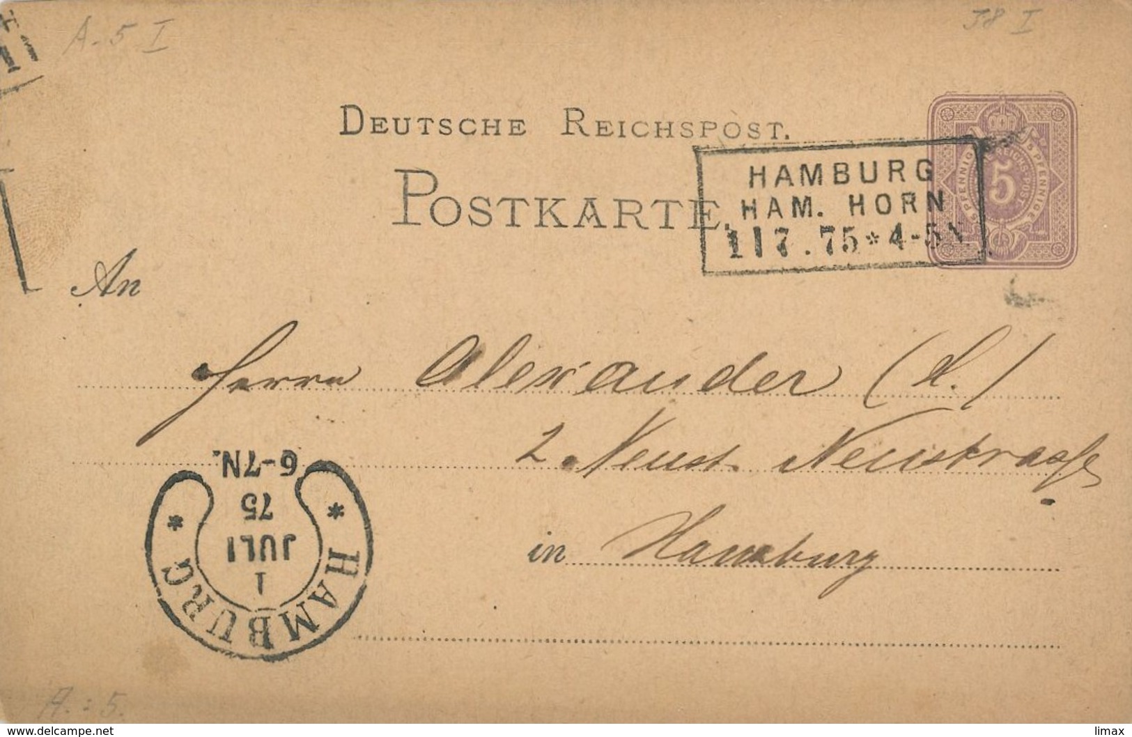 Hamburg Horn 1875 Rechteckstempel 3zeilig Ganzsache 5 Pfennige - Hufeisenstempel - Lettres & Documents