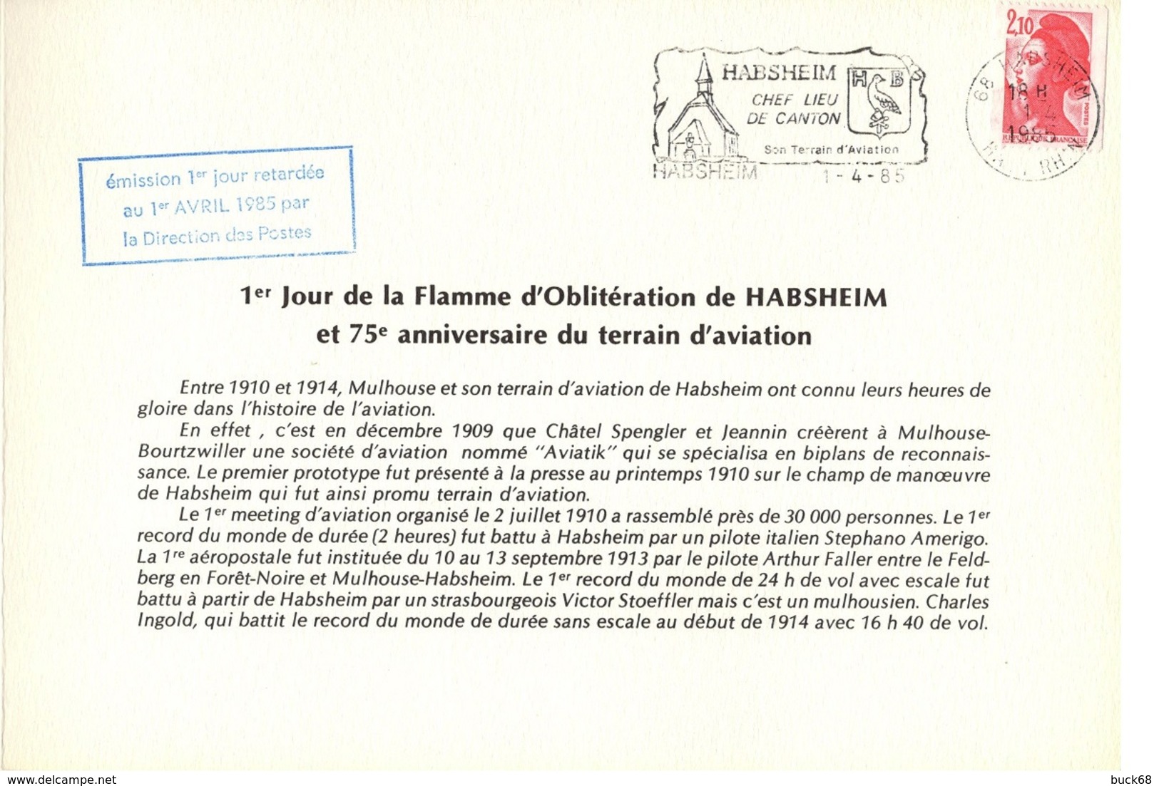FRANCE 1985 Document Philatélique HABSHEIM Aviatik Pionniers Spengler Jeannin Biplan Reconnaissance 1910 (500 Ex) [GR] - Other (Air)