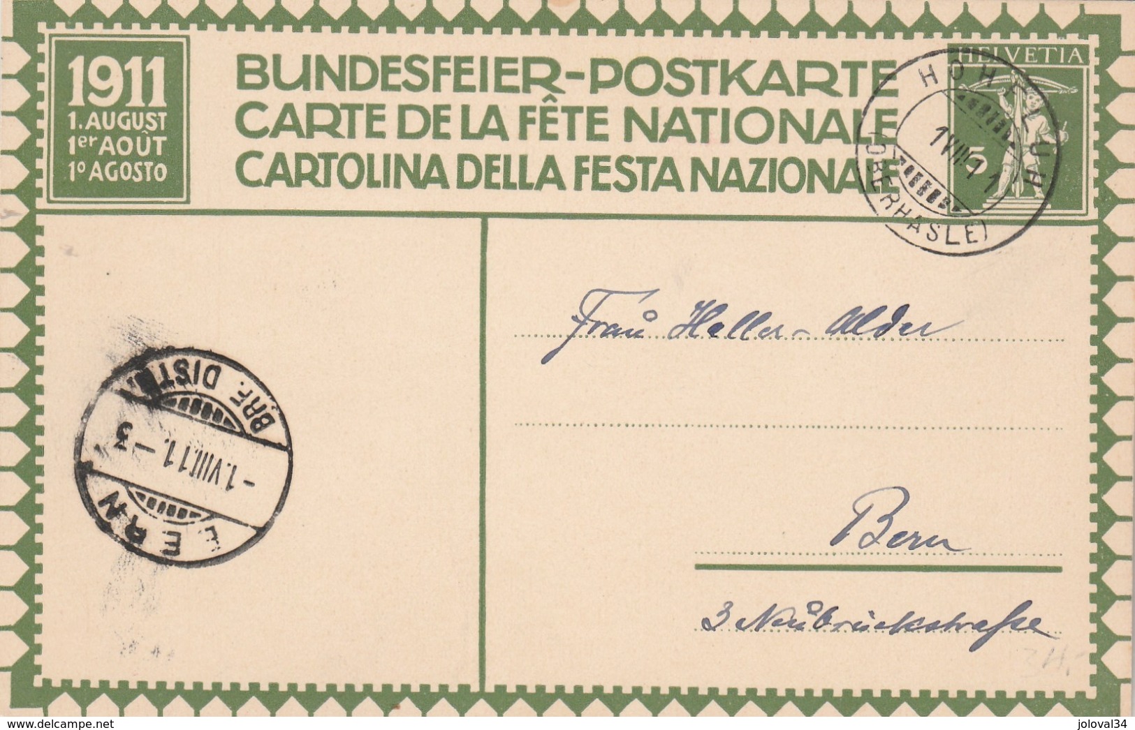 Suisse Entier Postal Illustré Carte Fête Nationale 1911 - Cachet Hohfluh 1/8/1911 Pour Bern - Interi Postali