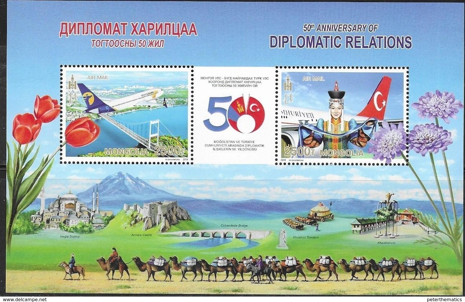 MONGOLIA, 2019, MNH, DIPLOMATIC RELATIONS WITH TURKEY, PLANES, BRIDGES, COSTUMES, FLAGS,CAMELS, MOUNTAINS, FLOWERS, SLT - Airplanes