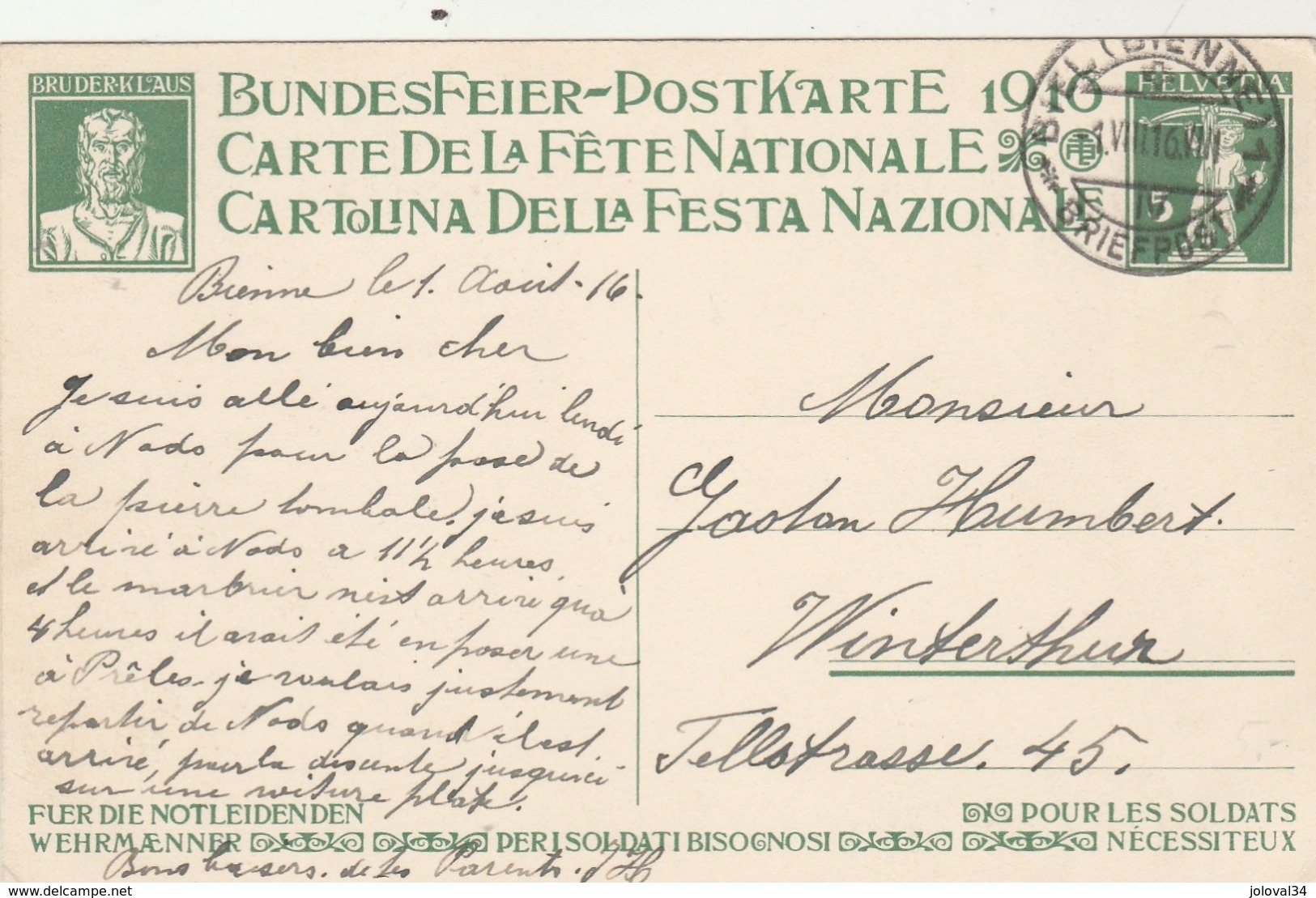 Suisse Entier Postal Illustré Carte Fête Nationale 1916 Pour Les Soldats Nécessiteux Cachet Bienne 1/8/1916 - Stamped Stationery