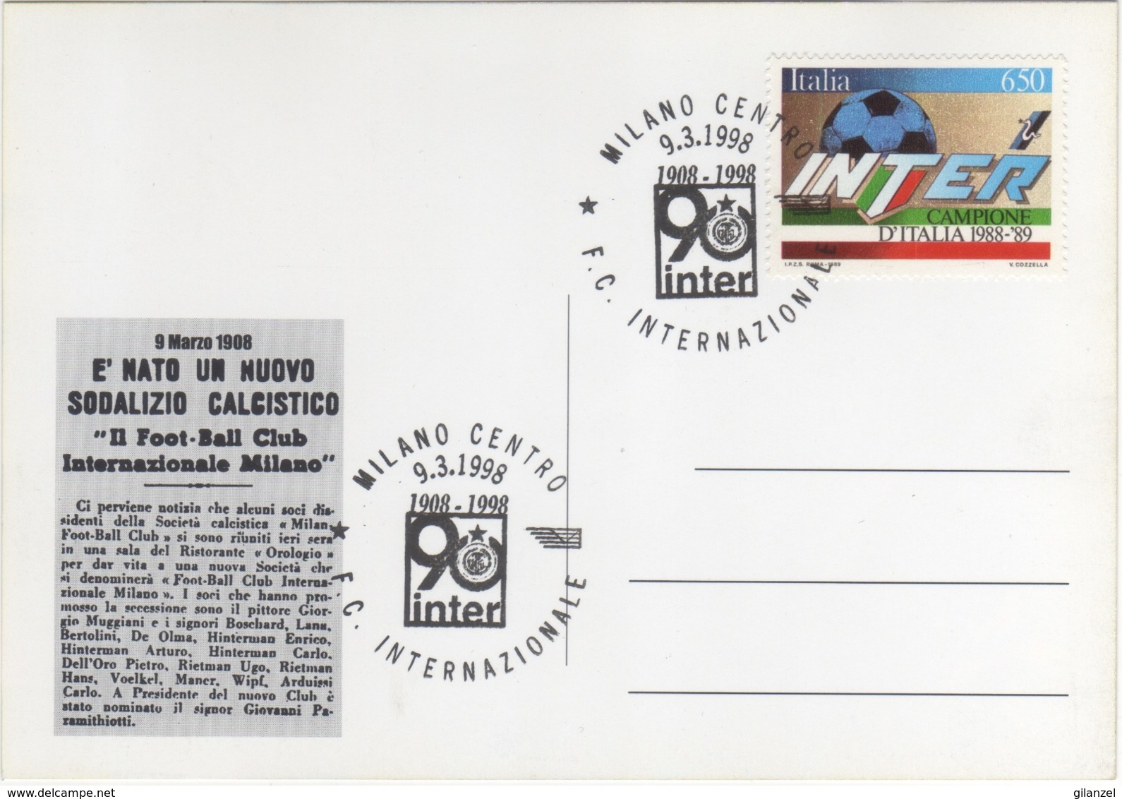 Italia 1998 Calcio INTER 90° Anniversario Annullo Cartolina - Club Mitici