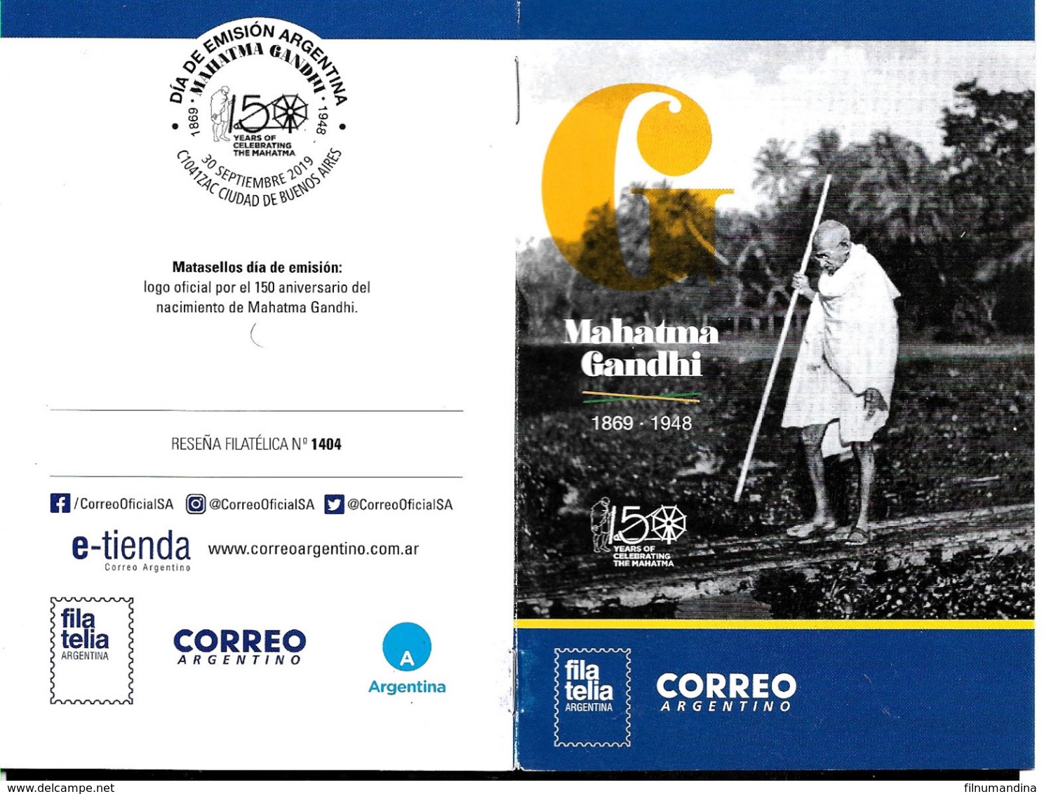 ARGENTINA 2019 INDIA MAHATMA GANDHI 150° ANIVERSARY POST OFFICIAL BROCHURE  NEUF,MNH,POSTFRISCH - Nuevos
