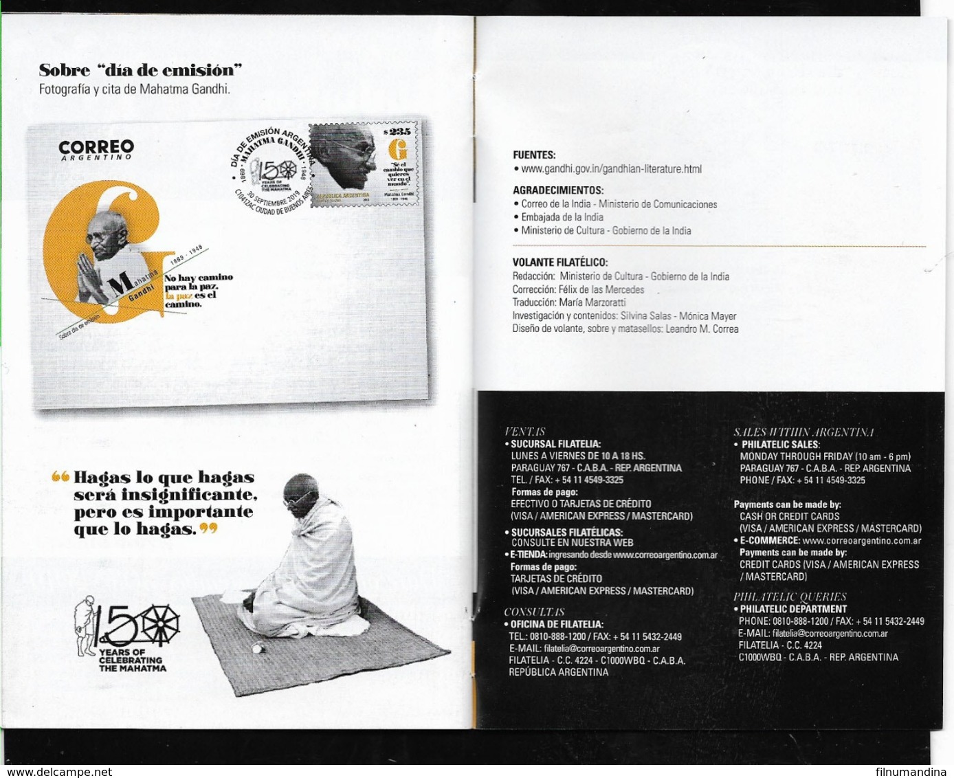 ARGENTINA 2019 INDIA MAHATMA GANDHI 150° ANIVERSARY POST OFFICIAL BROCHURE  NEUF,MNH,POSTFRISCH