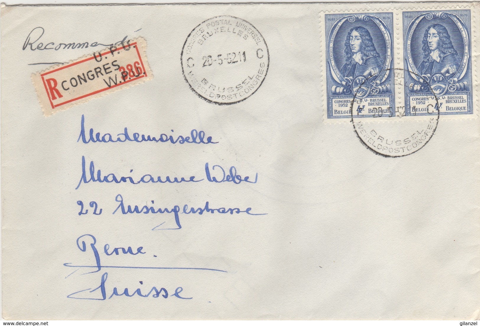 Belgie Belgique 1952 UPU XIII Universal Postal Congress Brussel Bruxelles Cancel Official Envelope Registered Label - UPU (Wereldpostunie)