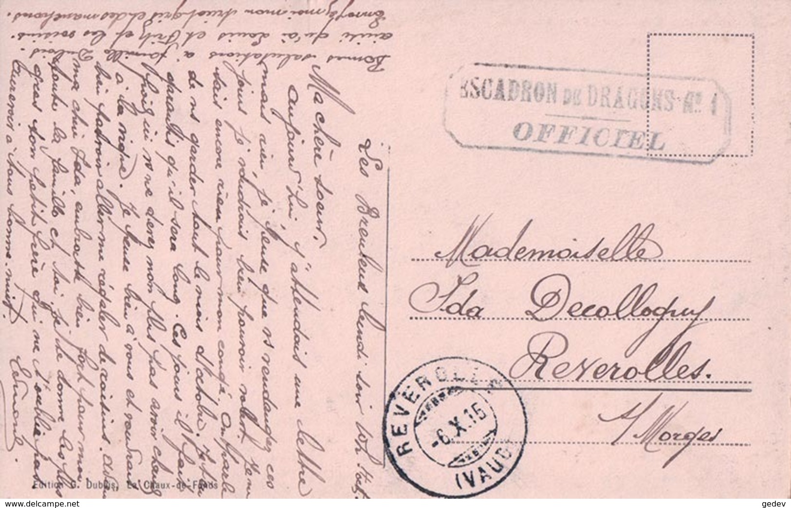 Les Breuleux, Bureau De Postes Et Télégraphe, Attelage, Cachet Militaire "Escadron De DragonsN° 1 Officiel" (6.10.16) - Les Breuleux