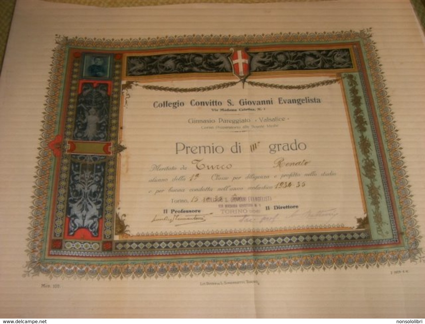 DIPLOMA COLLEGIO CONVITTO S.GIOVANNI EVANGELISTA PREMIO DI III GRADO 1934-35 - Diploma & School Reports