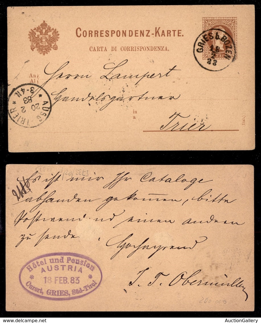 Antichi Stati Italiani - Territori Italiani D'Austria - Gries B. Bozen (P.ti 5) - Cartolina Postale Da 2 Kreuzer Per Tri - Autres & Non Classés