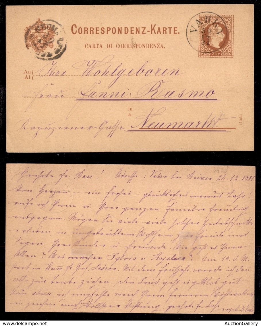 Antichi Stati Italiani - Territori Italiani D'Austria - Vahrn (P.ti 6) - Cartolina Postale Da 2 Kreuzer Per Neumarkt Del - Sonstige & Ohne Zuordnung