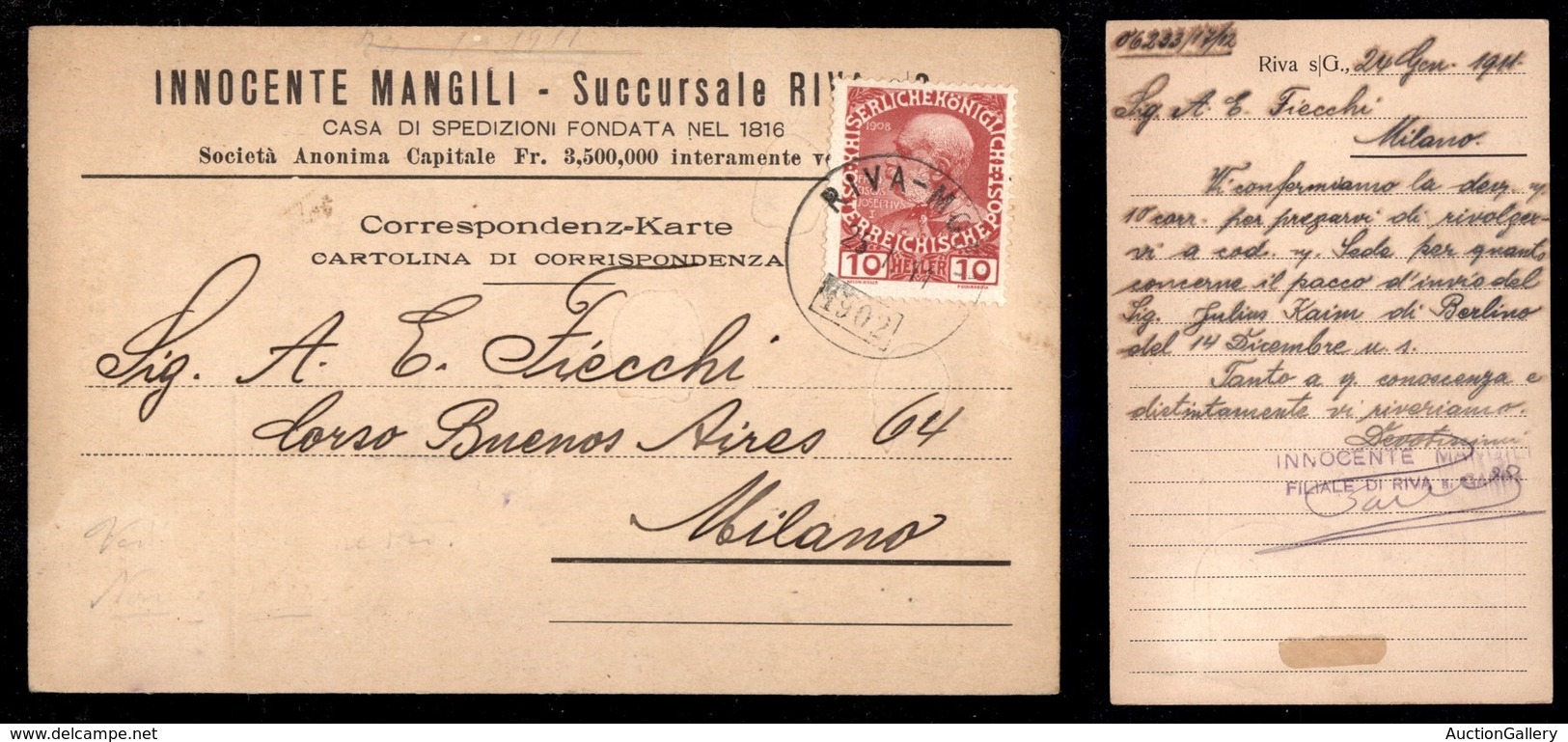 Antichi Stati Italiani - Territori Italiani D'Austria - Riva Mori 1902 - Cartolina Per Milano Del 25.1.11 - Other & Unclassified