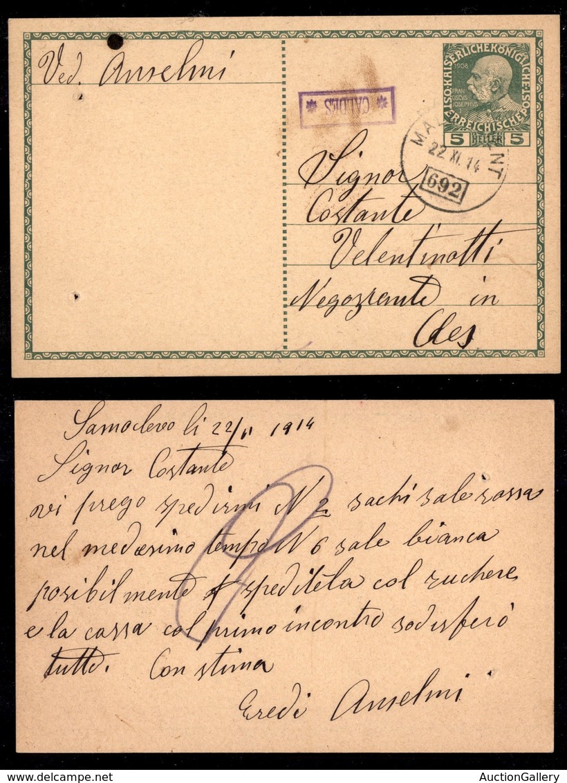 Antichi Stati Italiani - Territori Italiani D'Austria - Caldes (P.ti 7) - Cartolina Postale Per Cles Del 22.11.14 Col Tr - Otros & Sin Clasificación