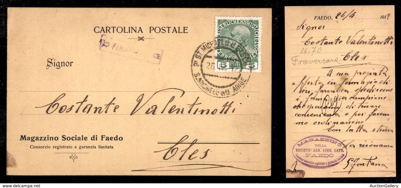 Antichi Stati Italiani - Territori Italiani D'Austria - Faedo (Tir.) (P.ti 9) Male Impresso Su Cartolina Per Cles Del 26 - Sonstige & Ohne Zuordnung