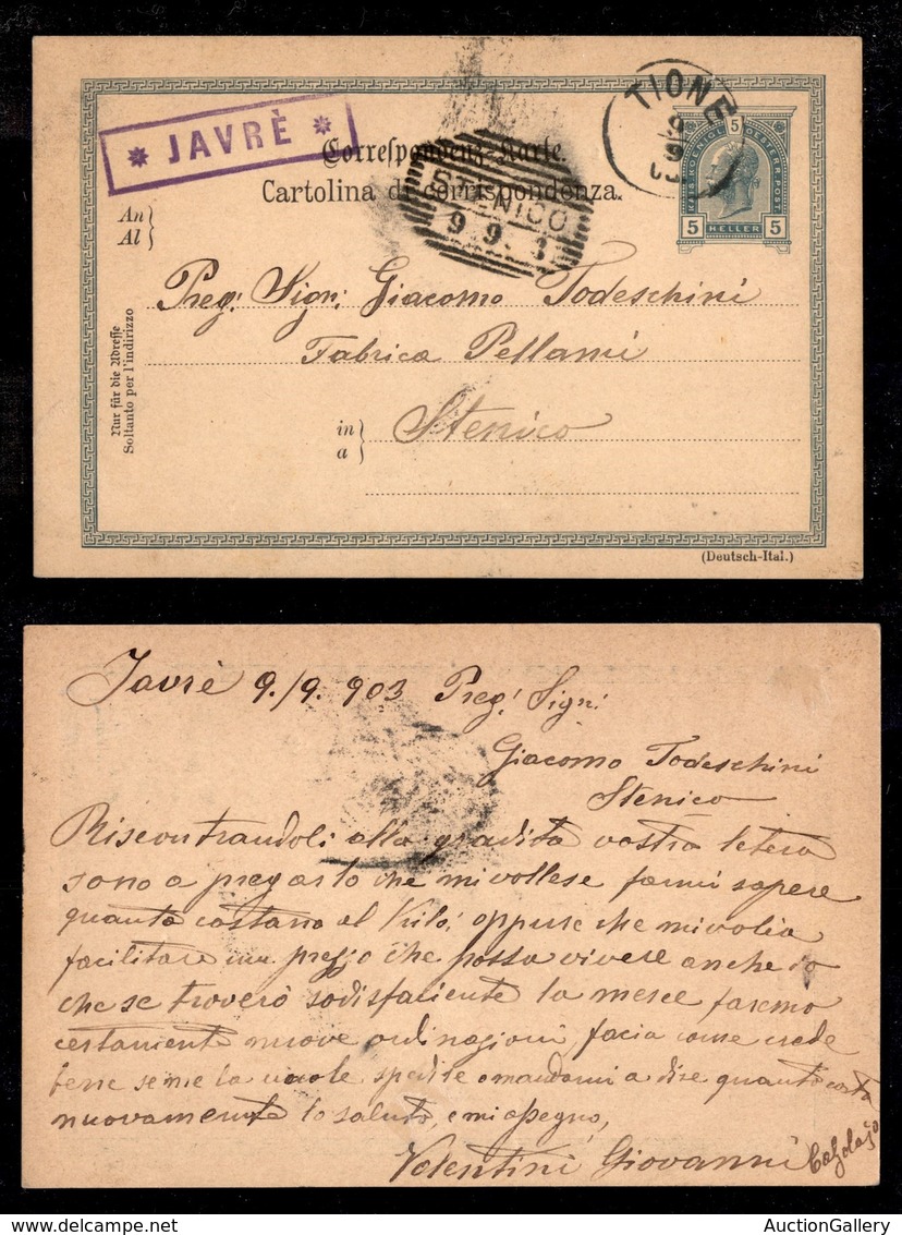 Antichi Stati Italiani - Territori Italiani D'Austria - Javrè (P.ti 8) - Cartolina Postale Per Stenico Del 9.9.03 - Sonstige & Ohne Zuordnung