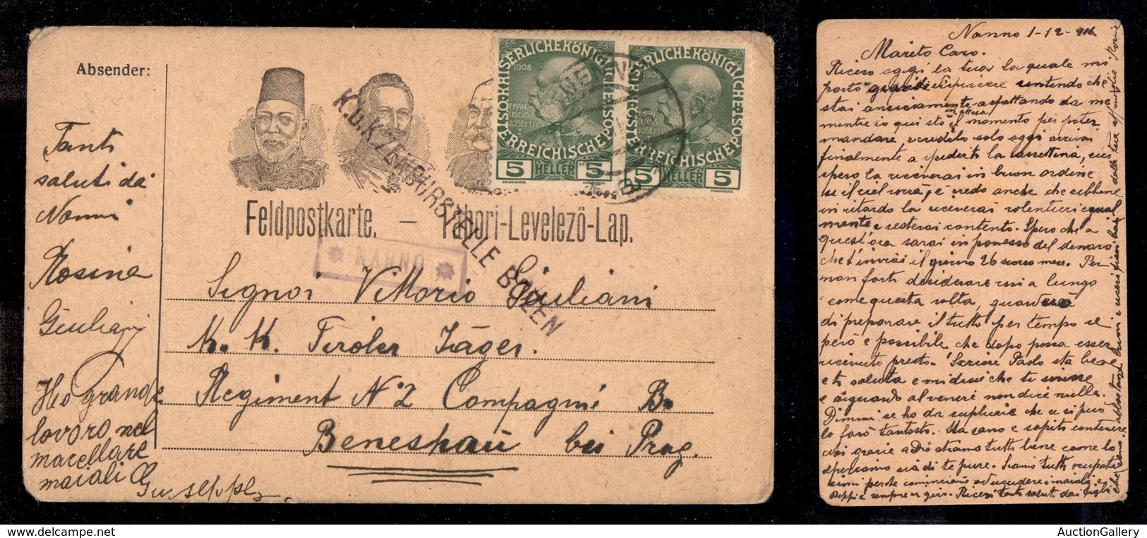 Antichi Stati Italiani - Territori Italiani D'Austria - Nanno (P.ti 8) - Cartolina Postale Per Praga Del 1.12.16 - Sonstige & Ohne Zuordnung