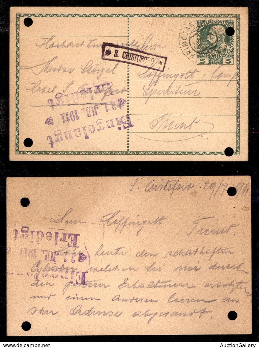 Antichi Stati Italiani - Territori Italiani D'Austria - S. Cristoforo (P.ti 6) - Cartolina Postale Per Trento Del 29.7.1 - Altri & Non Classificati