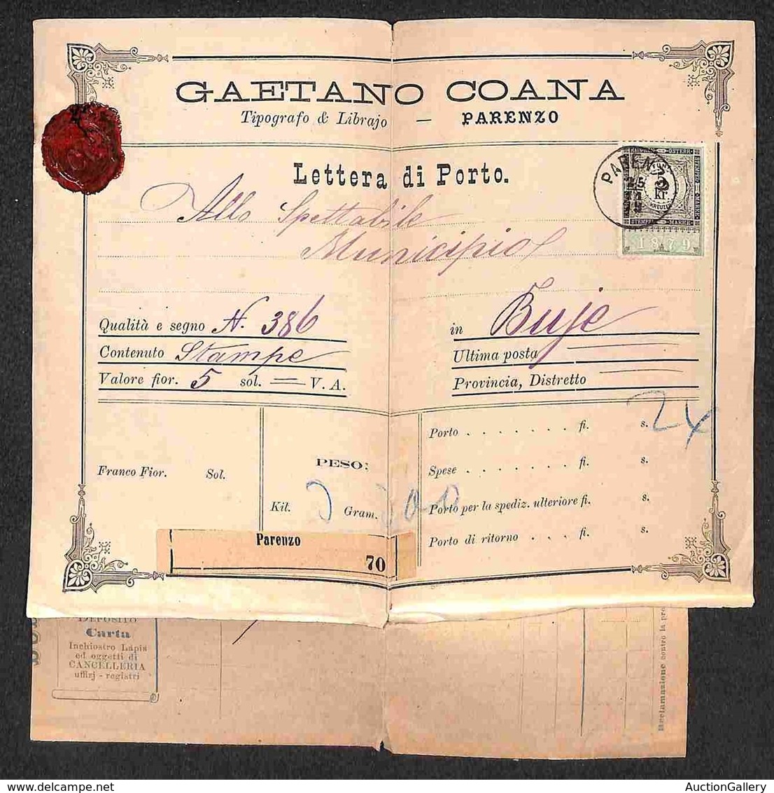 Antichi Stati Italiani - Territori Italiani D'Austria - Parenzo - Marca Fiscale Da 5 Kreuzer Su Lettera Di Porto (con Un - Other & Unclassified