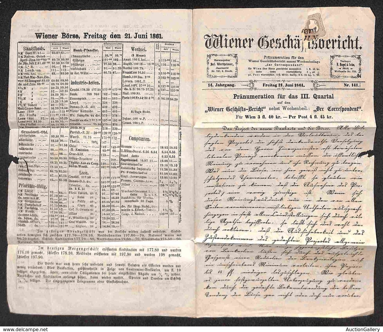 Antichi Stati Italiani - Territori Italiani D'Austria - 1,05 Kreuzer Lilla Grigio (10a - Giornali) Su Stampato Da Trento - Sonstige & Ohne Zuordnung