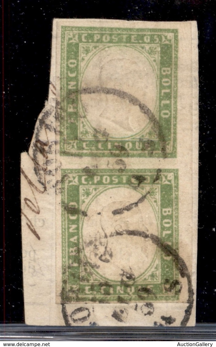 Antichi Stati Italiani - Sardegna - 1859 - 5 Cent (13Ba - Verde Giallo) - Coppia Verticale Usata Su Frammento - Altri & Non Classificati