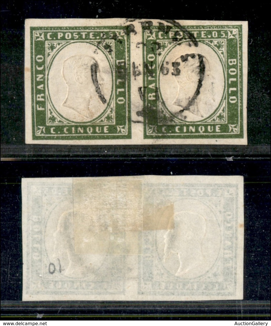 Antichi Stati Italiani - Sardegna - 1862 - 5 Cent (13Dc - Verde Oliva) - Coppia Orizzontale Usata - Other & Unclassified