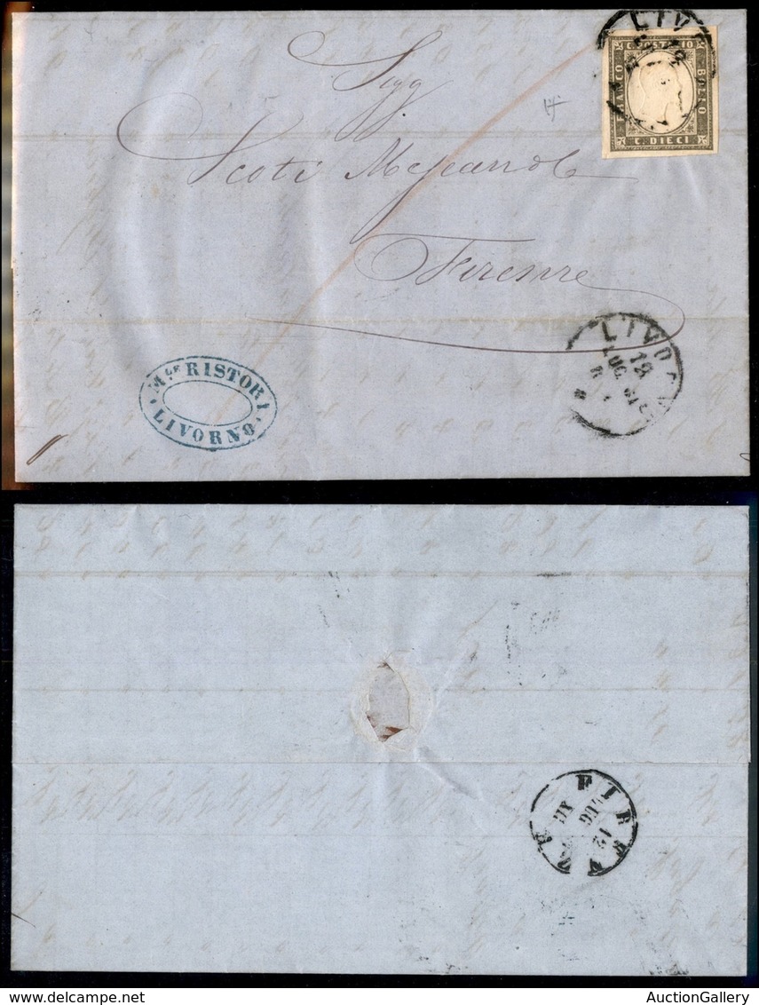 Antichi Stati Italiani - Sardegna - 10 Cent (14Ca - Grigio Oliva) - Lettera Da Livorno A Firenze Del 18.7.61 - Alfani - Sonstige & Ohne Zuordnung