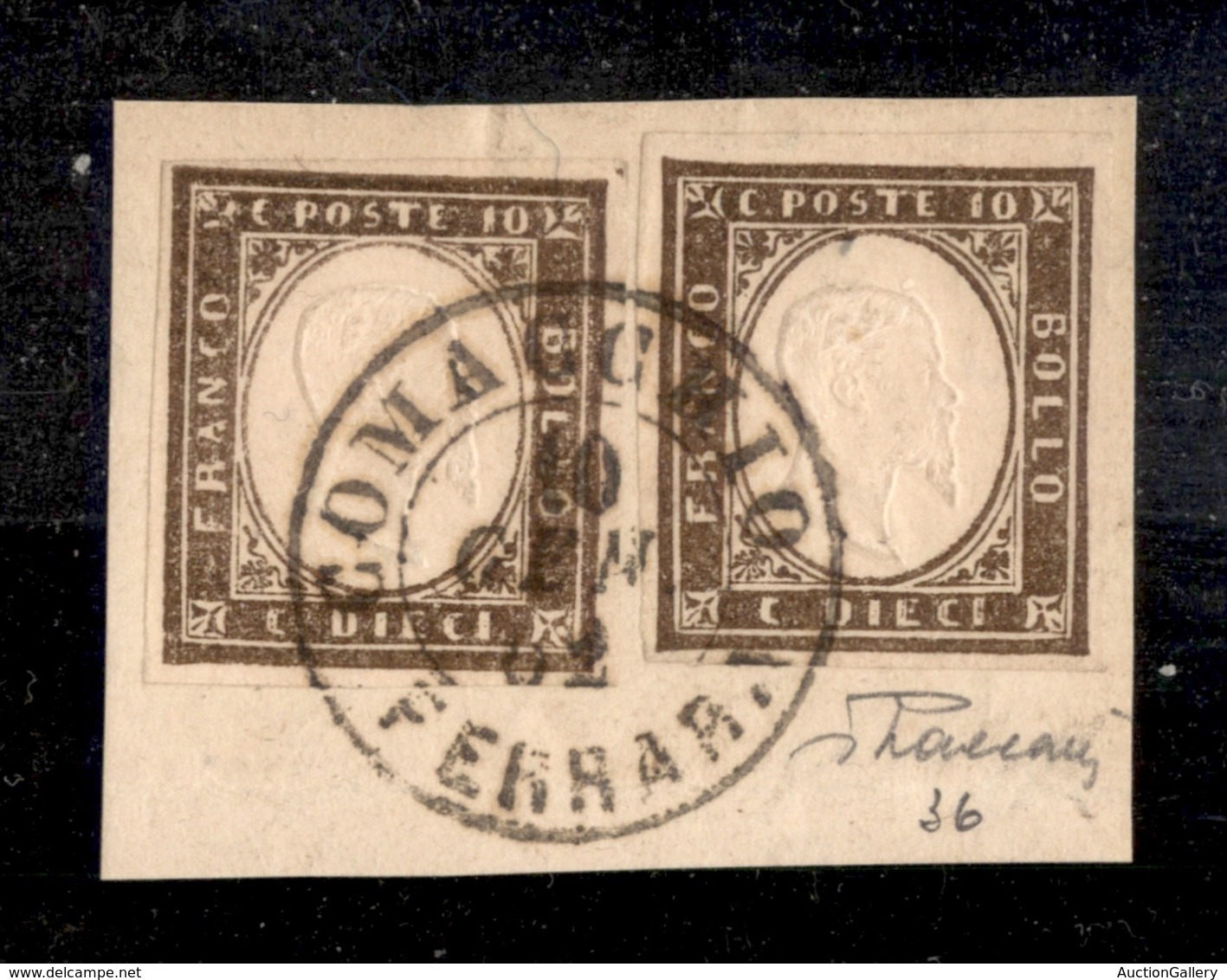 Antichi Stati Italiani - Sardegna - 1861 - Due 10 Cent (14Cp - Bruno) Usati Su Frammento Da Comacchio Del 10.1.62 - Vacc - Sonstige & Ohne Zuordnung
