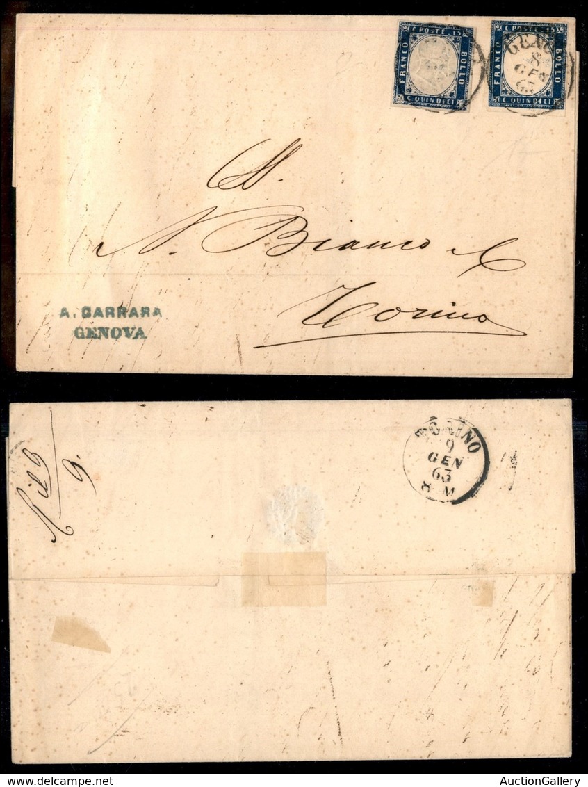 Regno - Due 15 Cent (11) Su Lettera Da Genova A Torino Del 8.1.63 - Pezzo Di Destra Difettoso - Sonstige & Ohne Zuordnung