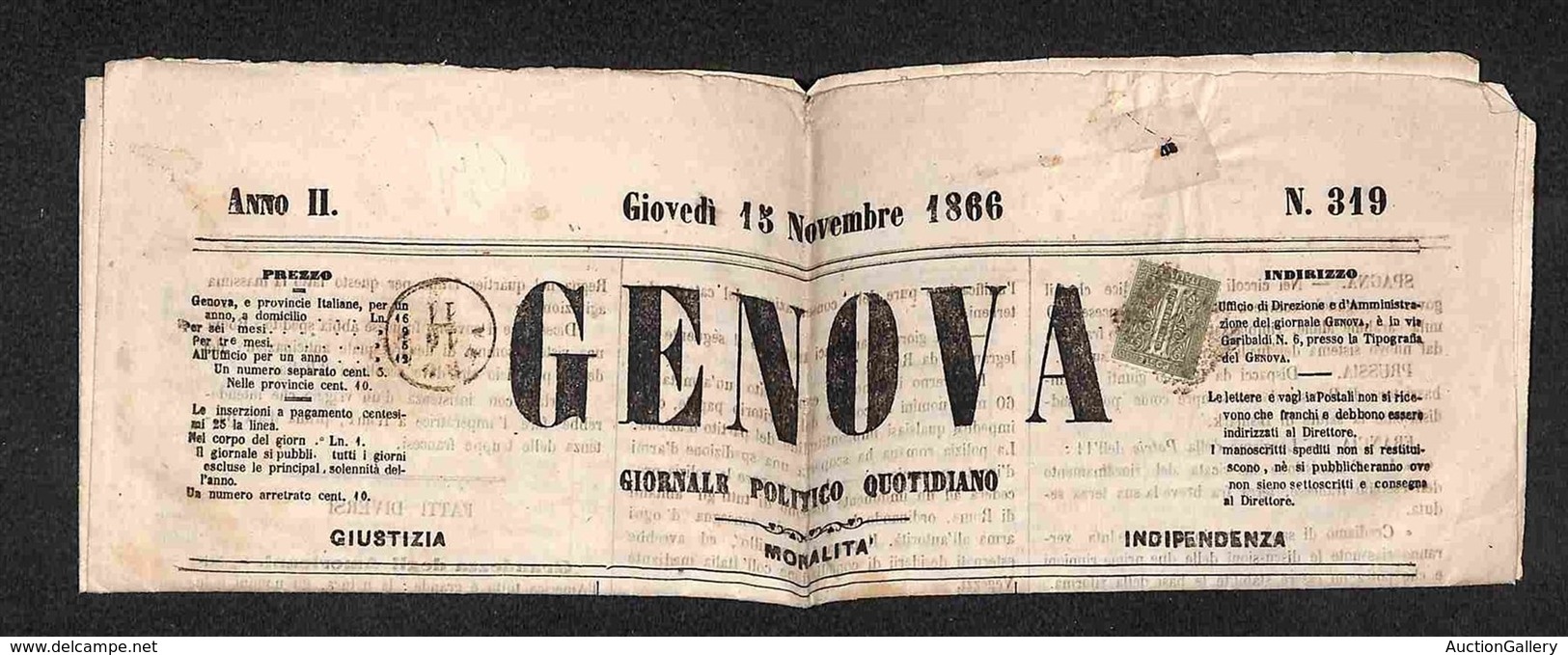 Regno - 1 Cent (14) Isolato Su Giornale “Genova” Del 15.11.66 Per Verona - Sonstige & Ohne Zuordnung