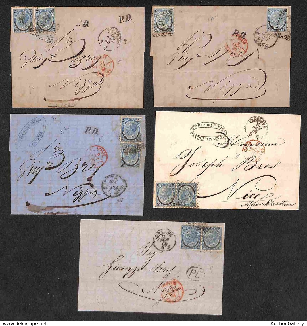 Regno - 20 Cent Su 15 (23) - Cinque Lettere Da Genova E Savona Per Nizza Del 1866 Tutte Con Doppia Affrancatura (23 + 23 - Other & Unclassified