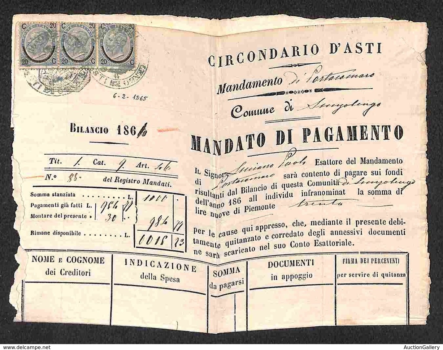 Regno - Uso Fiscale - 20 Cent Su 15 Cent (25) - Striscia Di Tre Su Mandato Di Pagamento Del Circondario Di Asti Del 6.2. - Andere & Zonder Classificatie