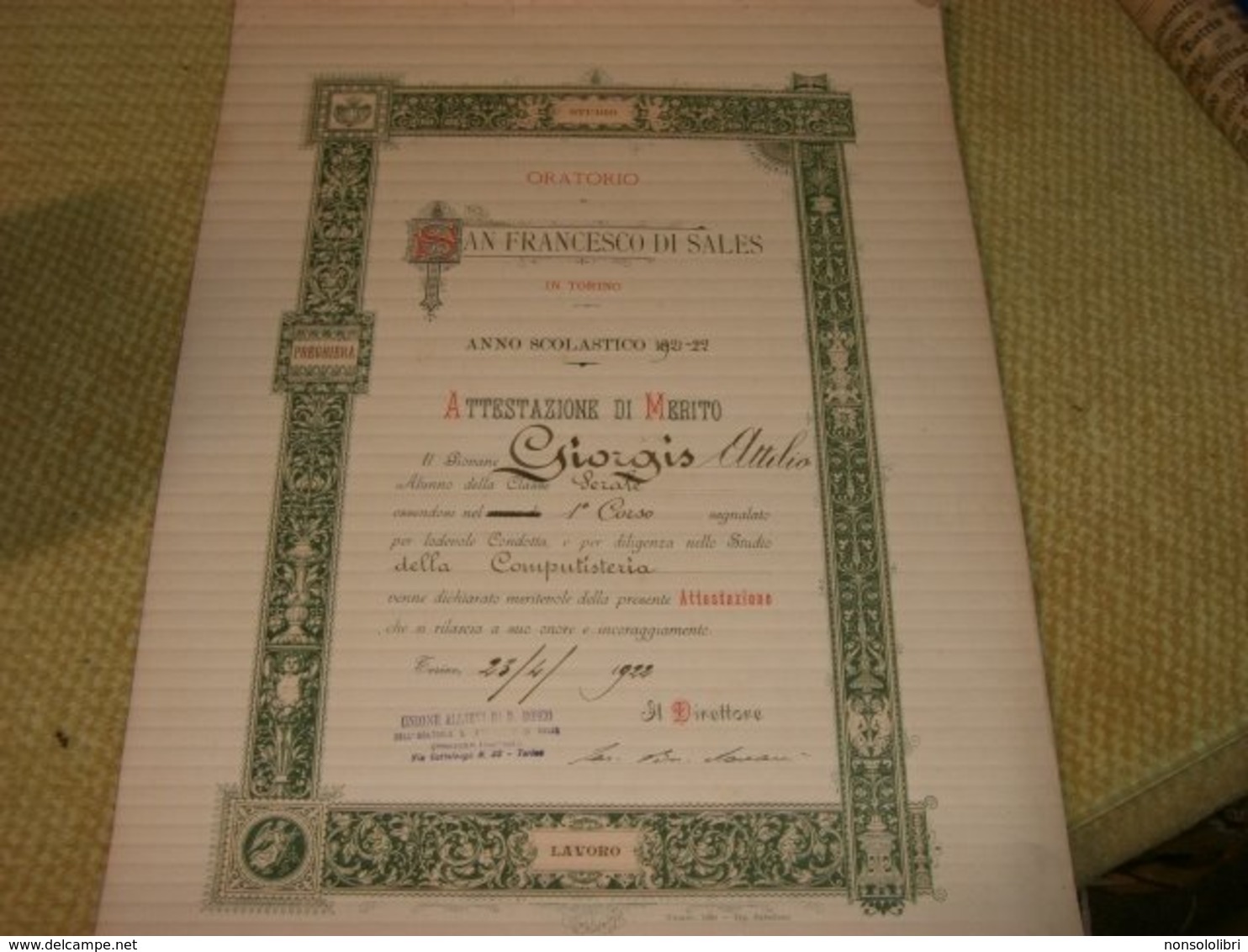 DUE DIPLOMI ATTESTAZIONE DI MERITO 1922 ORATORIO SAN FRANCESCO DI SALES - Diplomi E Pagelle