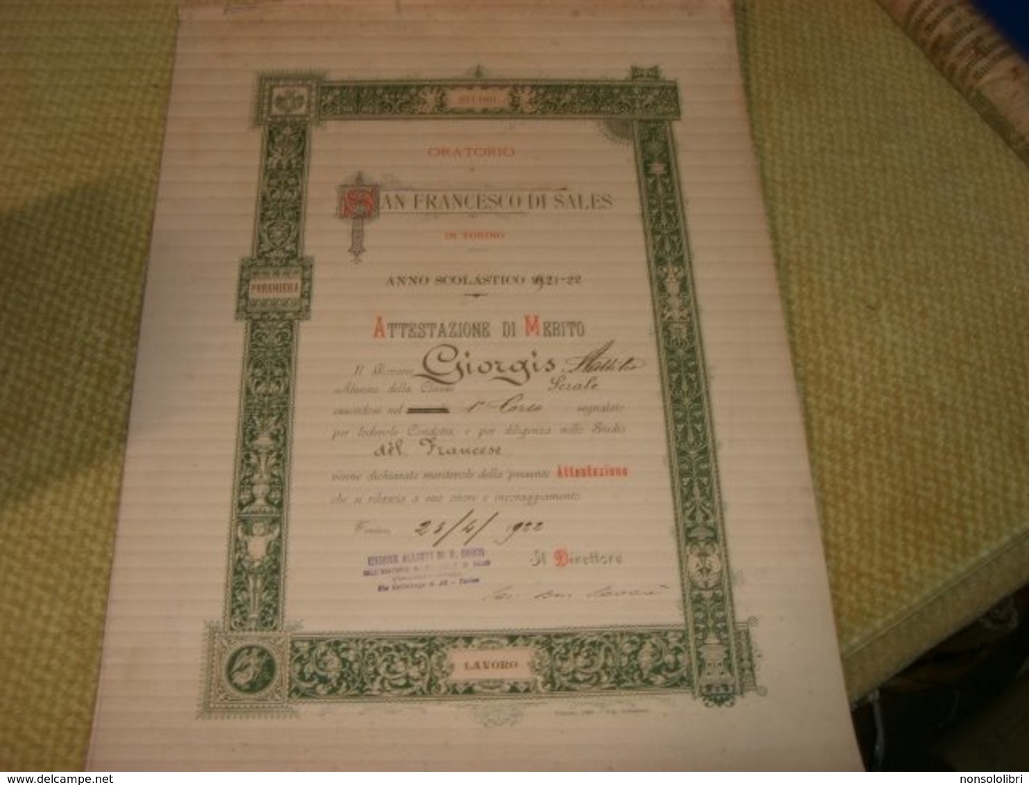 DUE DIPLOMI ATTESTAZIONE DI MERITO 1922 ORATORIO SAN FRANCESCO DI SALES - Diplomi E Pagelle