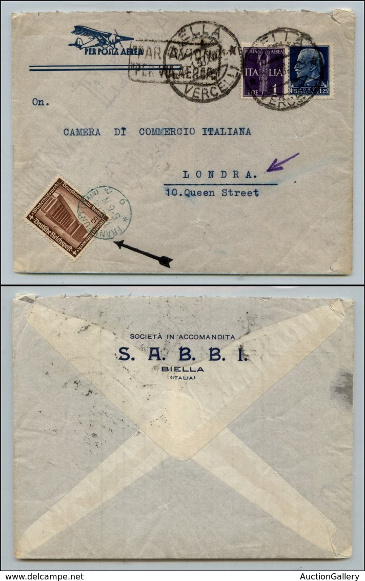 Regno - Aerogramma Da Biella A Londra Del 28.1.38 - A Lato Un 8 Pfennig Annullato A Francoforte (253+254) - Andere & Zonder Classificatie