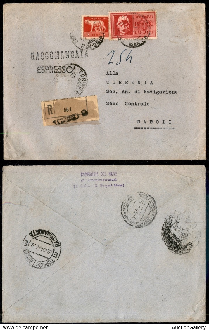 Luogotenenza - Gemelli - 5 Lire + 5 Lire Espresso (534 + Ex 241) - Raccomandata Espresso Da Torino A Napoli Del 19.1.46 - Sonstige & Ohne Zuordnung