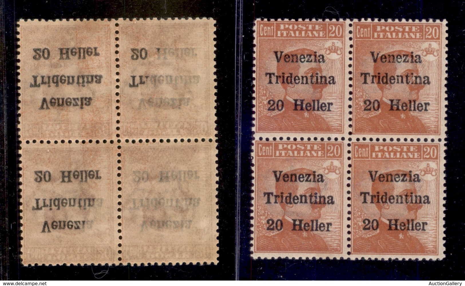 Occupazioni I Guerra Mondiale - Trentino-Alto Adige - 1918 - 20 Heller Su 20 Cent (30 - Varietà) - Quartina Con Decalco  - Other & Unclassified