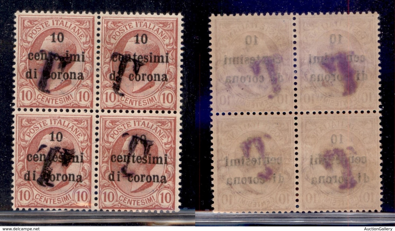 Occupazioni I Guerra Mondiale - Bolzano 1 - 1919 - T Su 10 Cent Su 10 (13c) - Quartina  Con Soprastampe Oblique + Doppia - Autres & Non Classés