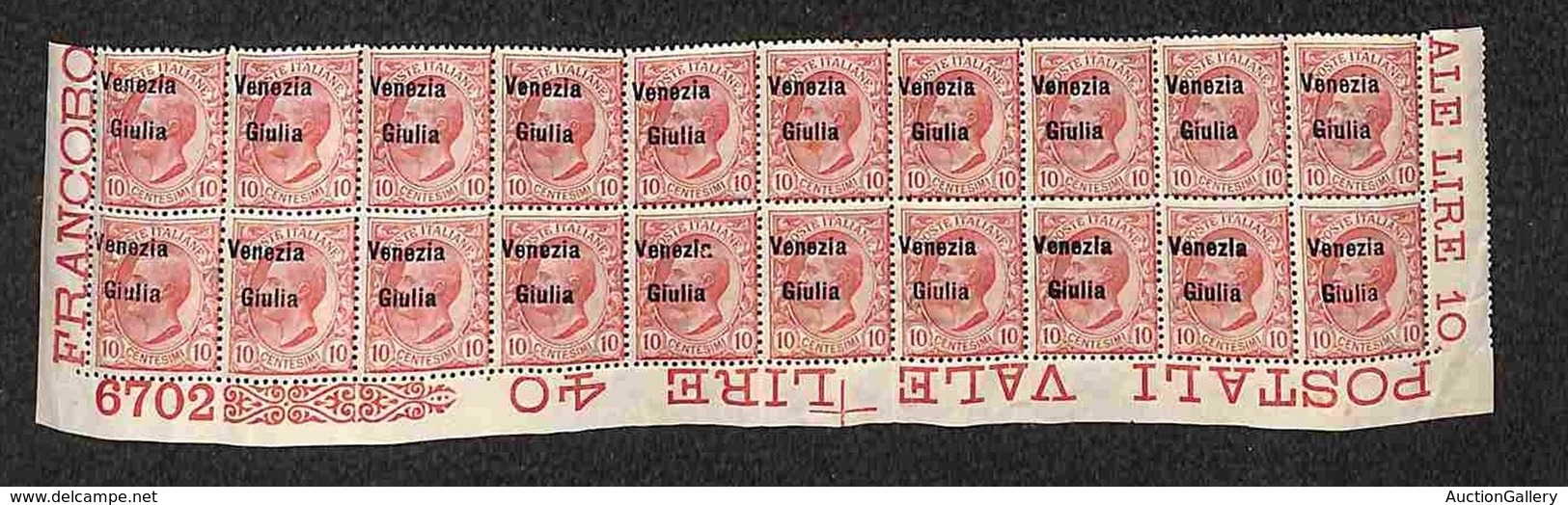 Occupazioni I Guerra Mondiale - Venezia Giulia - 1918 - 10 Cent (22 Cb) - Blocco Angolare Di 20 Con Soprastampe Oblique  - Andere & Zonder Classificatie