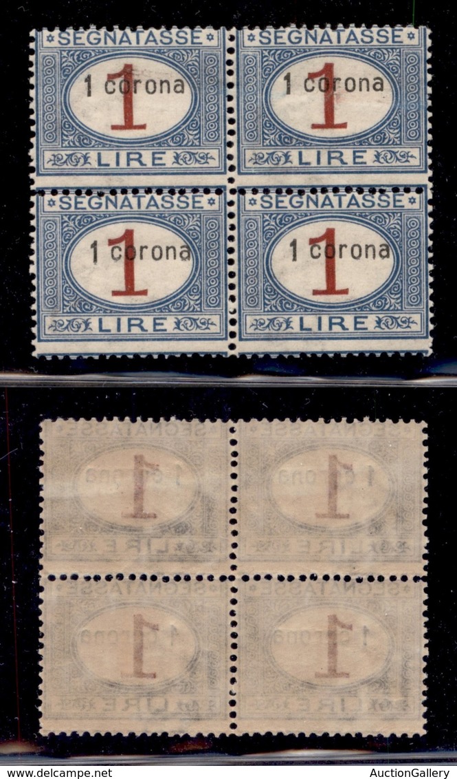 Occupazioni I Guerra Mondiale - Dalmazia - Segnatasse - 1922 - 1 Corona Su 1 Lira (2) In Quartina - Gomma Integra (200+) - Other & Unclassified