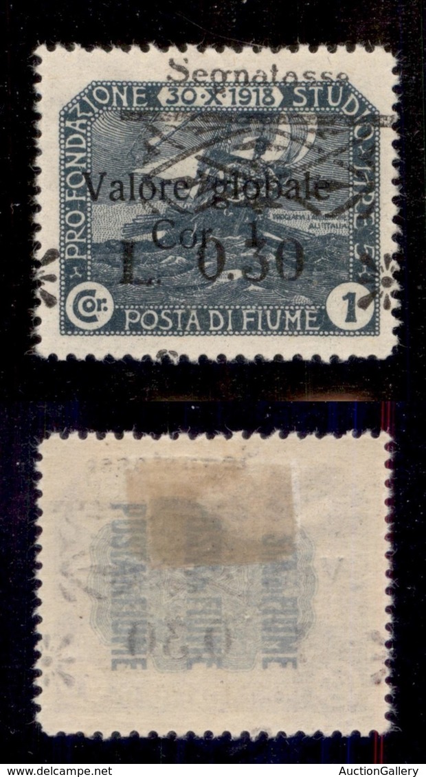 Occupazioni I Guerra Mondiale - Fiume - Segnatasse - 1921 - 30 Cent Su 1 Corona (31taa - Varietà G) - Soprastampa Obliqu - Andere & Zonder Classificatie