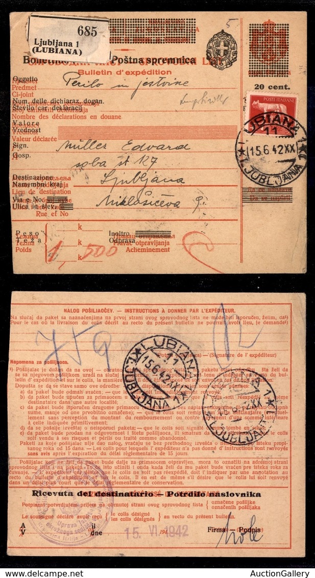 Occupazioni II Guerra Mondiale - Lubiana - Lubiana 15.6.42 - Bollettino Pacchi Interno Da 20 Cent Con Affrancatura Compl - Other & Unclassified