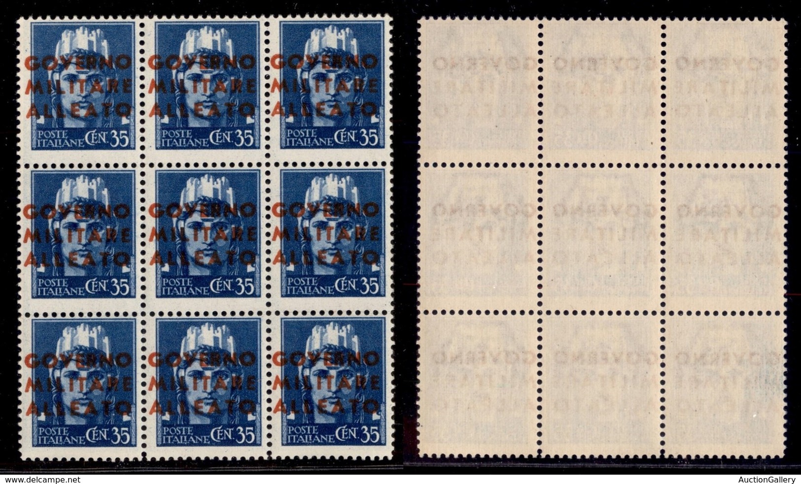 Occupazioni Straniere Di Territori Italiani - Occupazione Anglo-Americana - Napoli - 1943 - 35 Cent (11ga) - Blocco Di 9 - Sonstige & Ohne Zuordnung