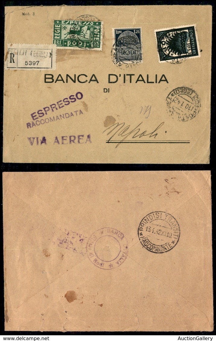 Colonie - Egeo - Raccomandata Aerea Espressa Con 1.25 Lire (1 Espressi) + 1.25 Lire (62) + 1 Lira (32 Aerea) Da Rodi A N - Autres & Non Classés