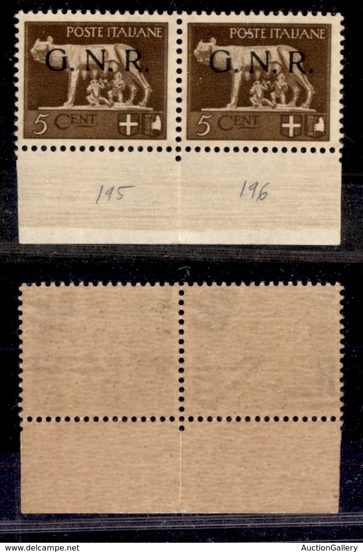 RSI - G.N.R. Brescia - 1943 - 5 Cent (470/I) - Coppia Bordo Foglio Con Filigrana Lettere 12/10 - Gomma Integra - Andere & Zonder Classificatie