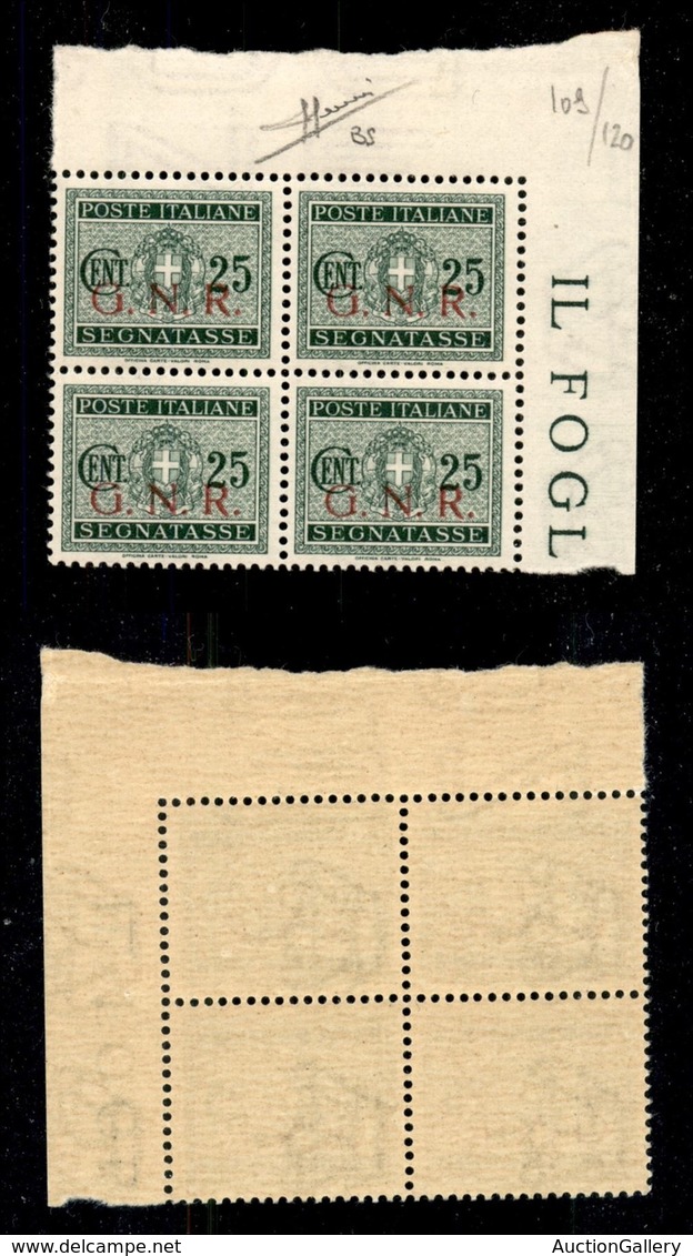 RSI - G.N.R. Brescia - Segnatasse - 1943 - 25 Cent (50/I) - Quartina Angolare (pos. 109/120) - Punto Piccolo Dopo G (50/ - Other & Unclassified