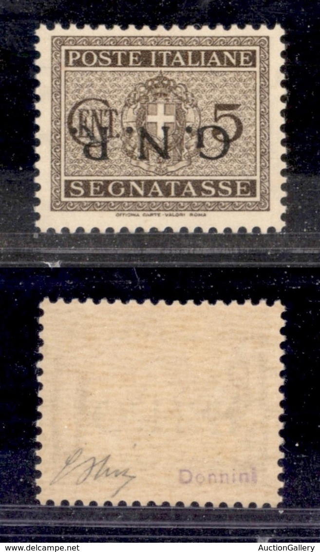 RSI - G.N.R. Verona - Segnatasse - 1944 - 5 Cent (47a) Con Soprastampa Capovolta - Gomma Integra - Oliva (300) - Andere & Zonder Classificatie