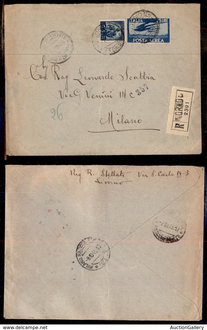 Repubblica - Democratica - 5 Lire (555) + 25 Lire (131 - Aerea) Su Raccomandata Da Livorno A Milano Del 7.10.46 - Sonstige & Ohne Zuordnung