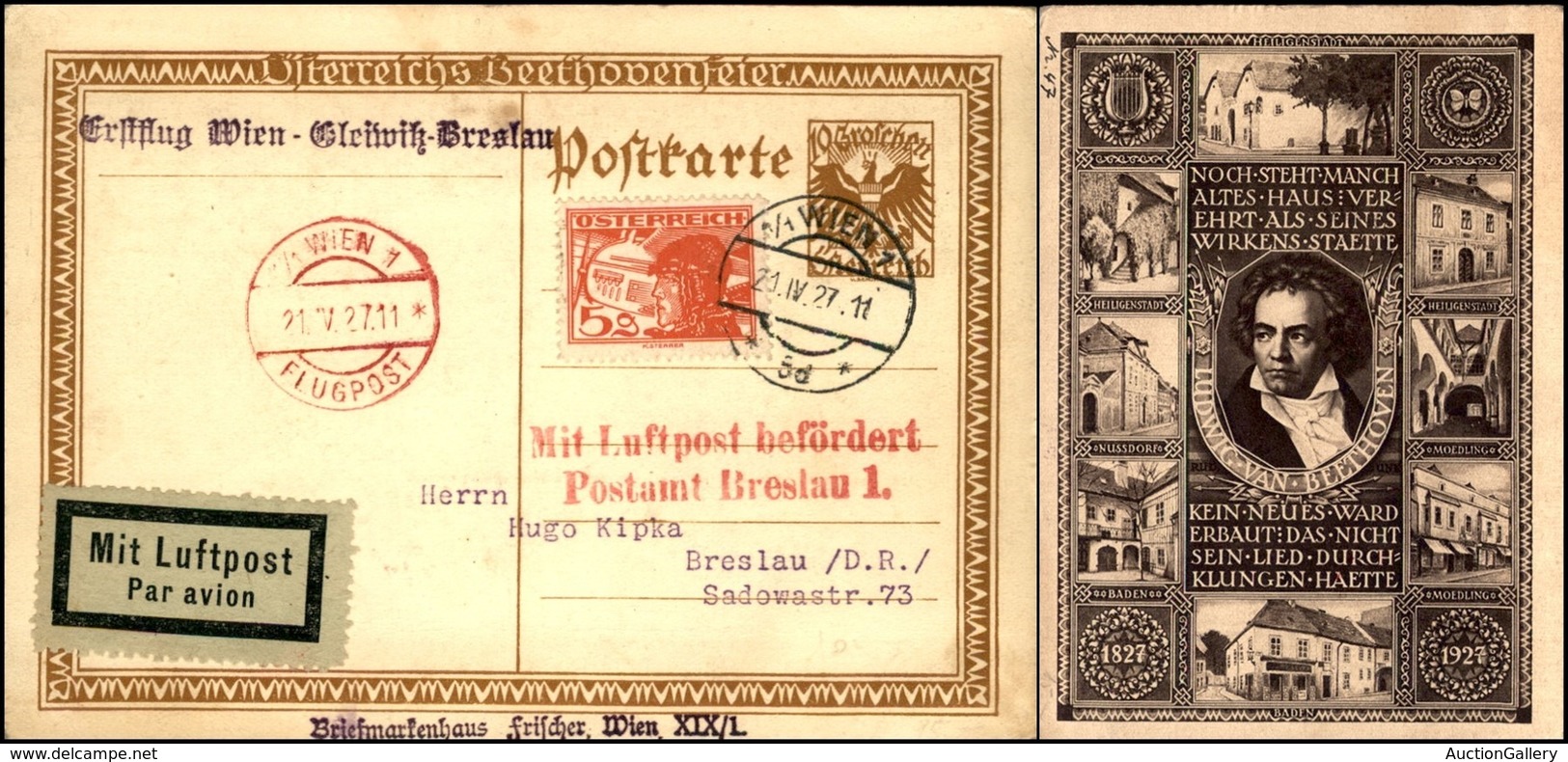 AUSTRIA - 1927 (21 Maggio) - Wien Breslau - Aerogramma Del Volo - Other & Unclassified