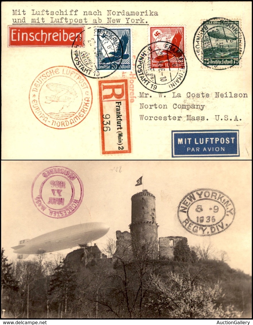 GERMANIA - 1936 (27 Aprile) - Zeppelin - Europa Nord Amerika - Cartolina Raccomandata Da Francoforte Per Gli USA - Andere & Zonder Classificatie