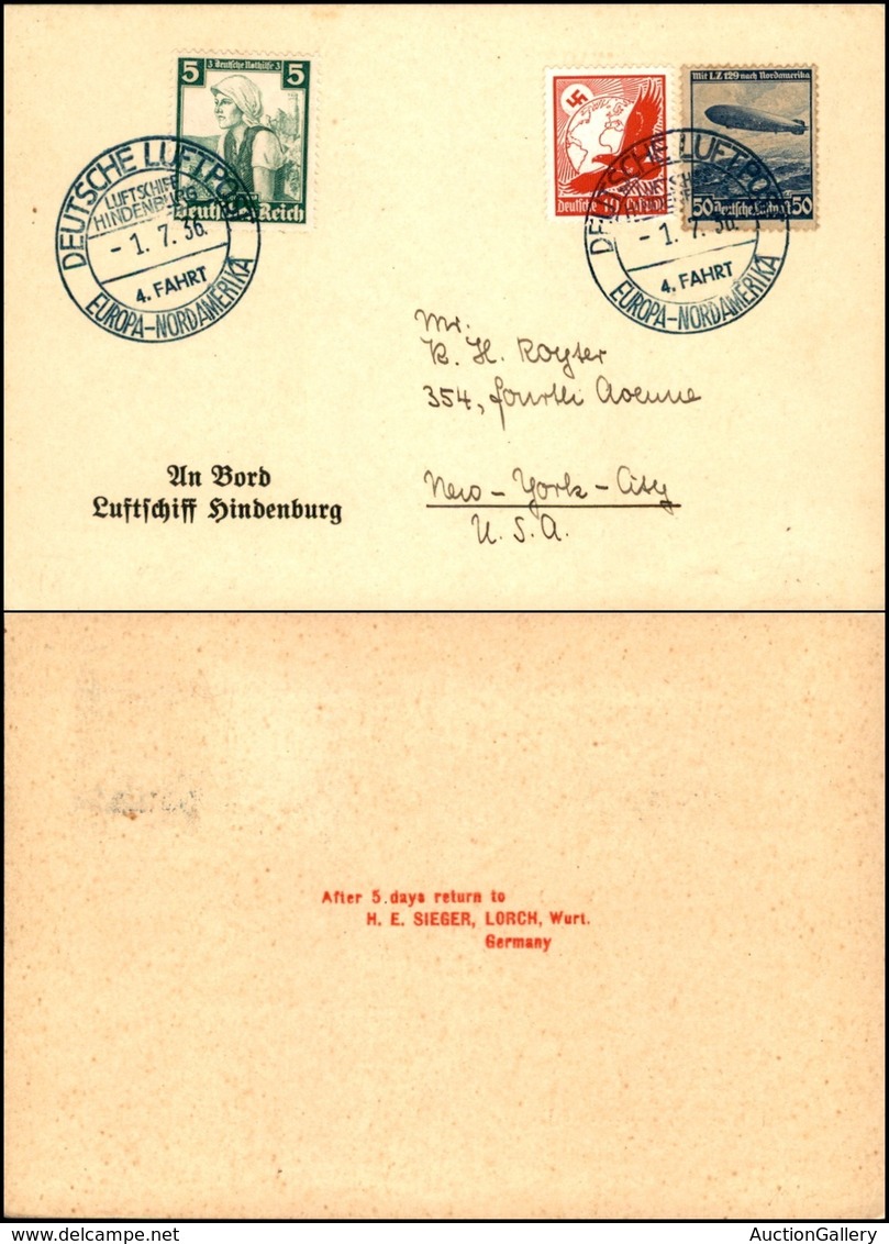 GERMANIA - 1936 (1 Luglio) - 4 Fahrt Europa Nord Amerika - Cartolina Da Lorch A New York - Otros & Sin Clasificación