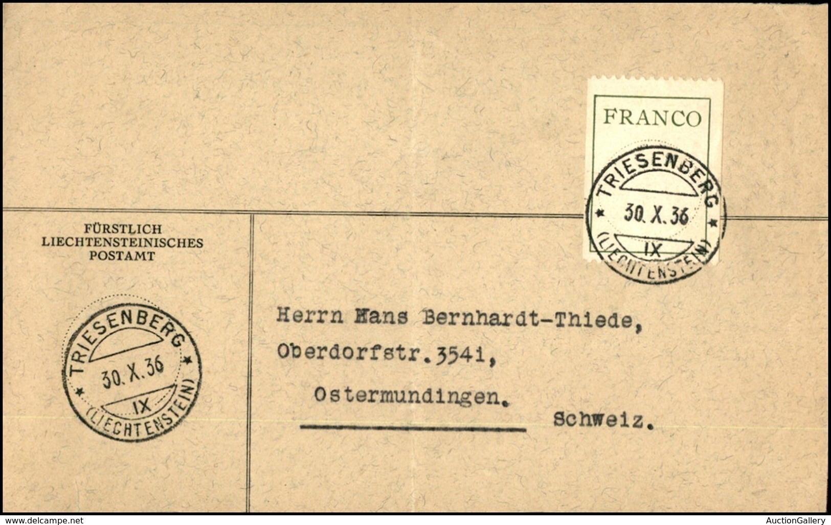 LIECHTENSTEIN - Francobollo In Franchigia (III - Svizzera) - Busta Da Tresenberg A Ostermundingen Del 30.10.36 - Andere & Zonder Classificatie