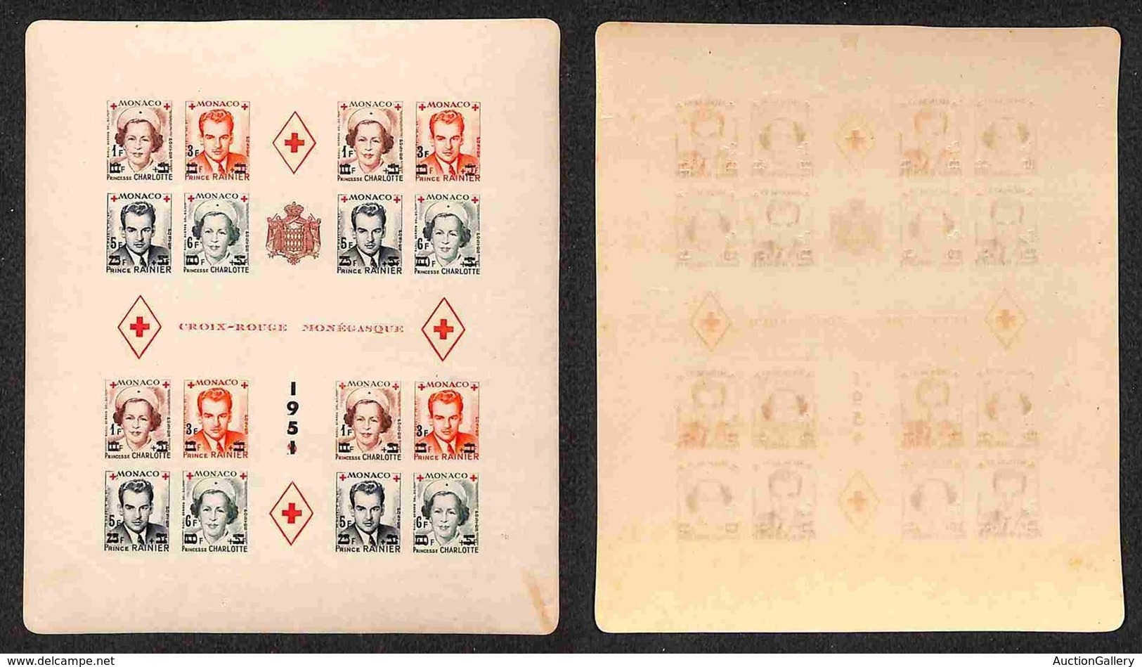 MONACO - 1951 - Foglietto Croce Rossa Soprastampato (Block 4B) - Non Dentellato - Lievi Macchie D’umido - Piccola Tracci - Sonstige & Ohne Zuordnung